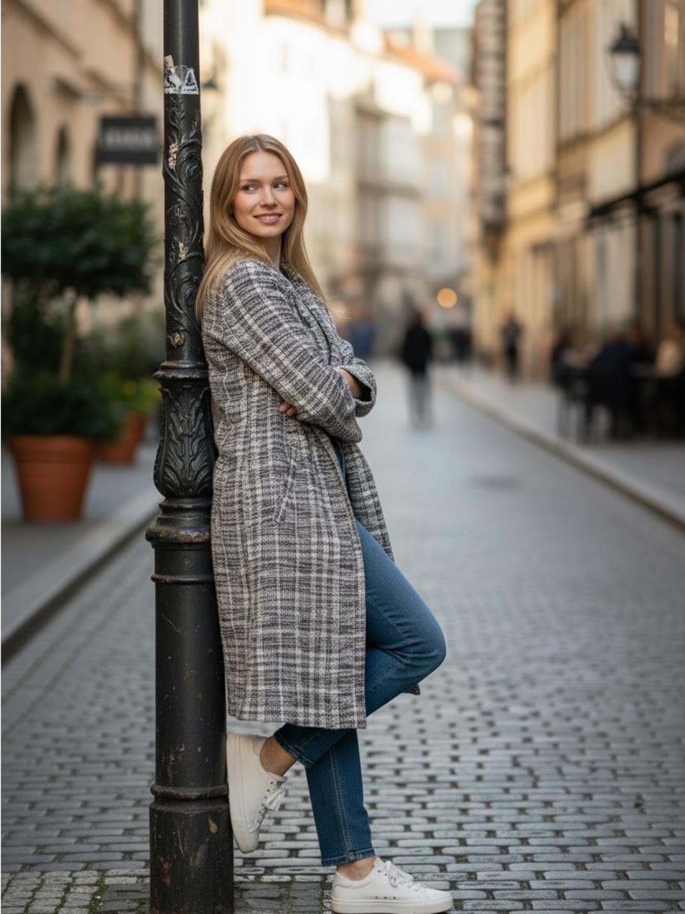 Melloday Gray and White Plaid Coat